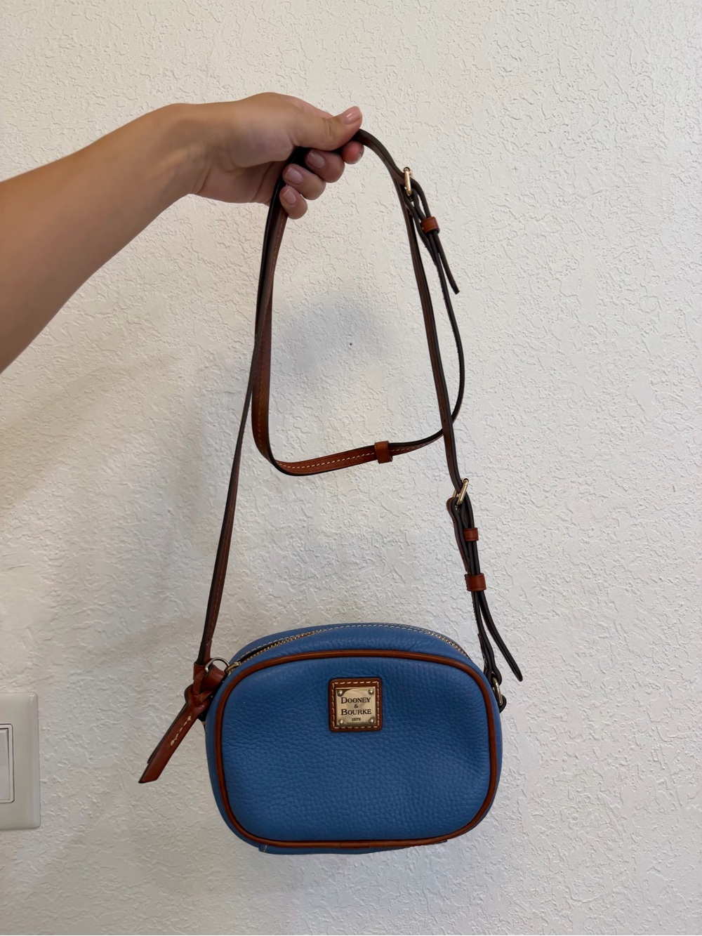 Dooney & Bourke Blue Pebble Leather Crossbody with Brown Trim